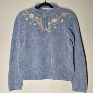 Cottagecore Floral Embroidered Knit Zip Sweater Blue Size PM Grandma Soft